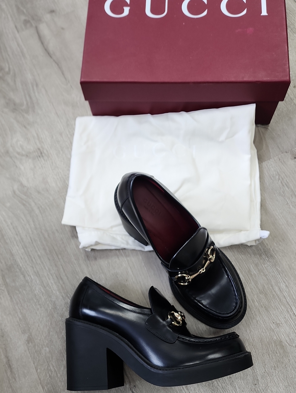 Gucci Black Leather Platform Horsebit Loafers Chunky Heel 38.5
